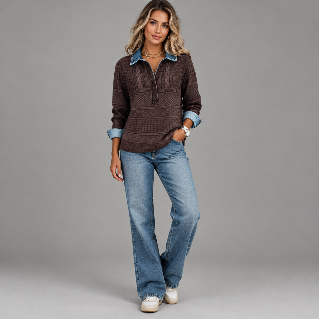 Aurelia | Damen Gemusterte Langarm Hemdbluse mit Knopfleiste