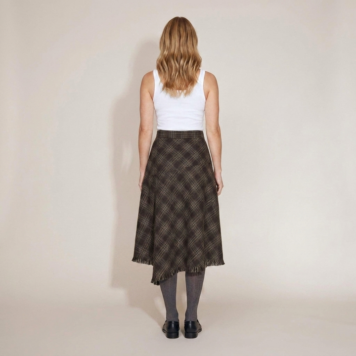Brunhilde | Damen Karierter Midirock Asymmetrischer Faltenrock