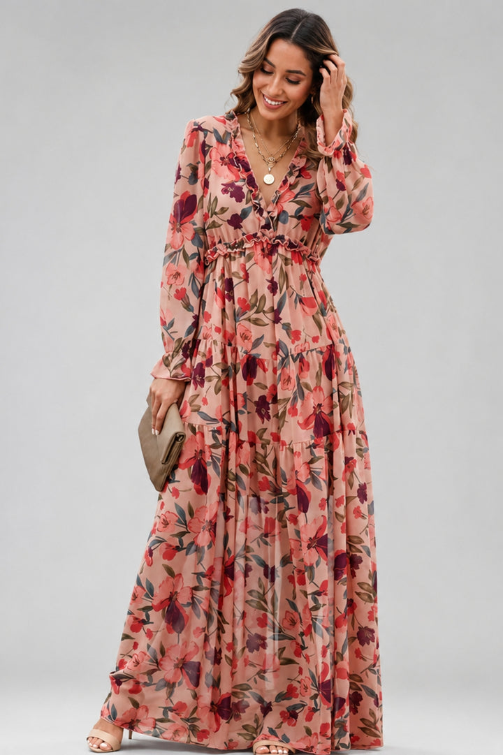 Fließendes Boho-Kleid für Damen | Langes Kleid mit Blumenmuster | V-Ausschnitt | Lange Ärmel | Hochzeitsgast
