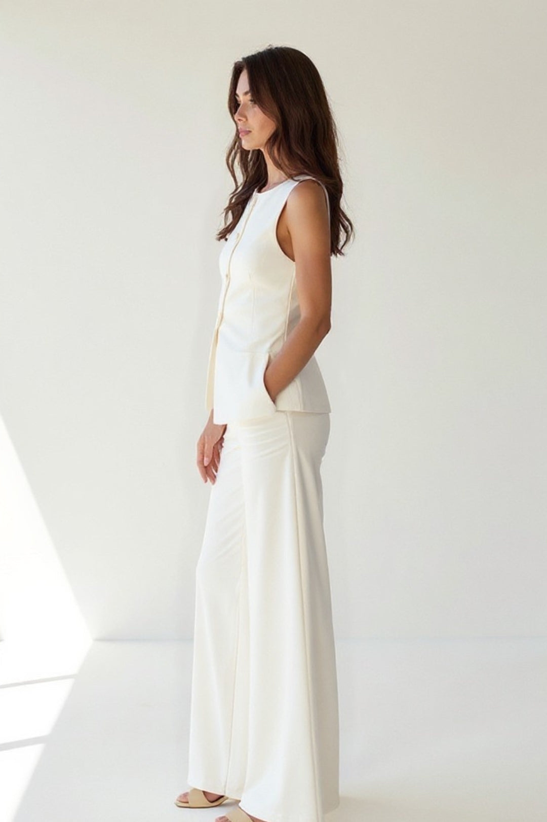 Damen Set Ecru | Ärmelloses Oberteil + Weite Hose | Elegantes Kombi-Outfit