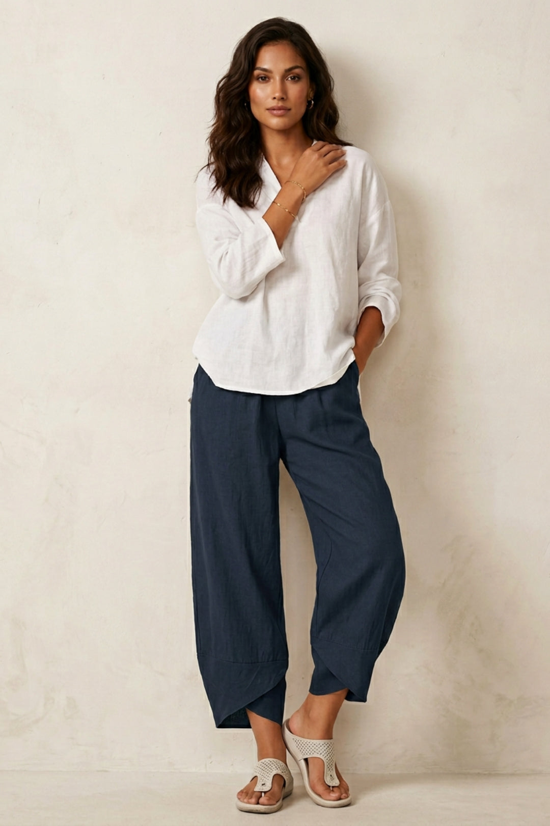 Damenhose in weiter Passform | Elastischer Bund, knöchellang, lässiger Leinen-Look