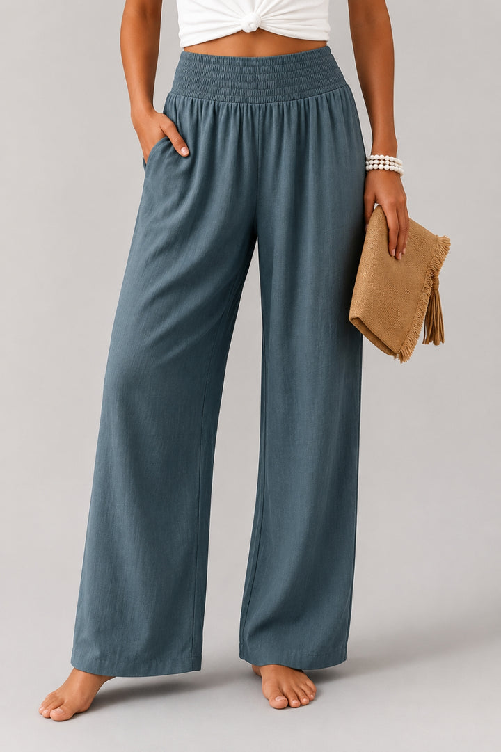 Damenhose aus Leinen mit weitem Bein, hohem, gesmoktem Bund und Taschen