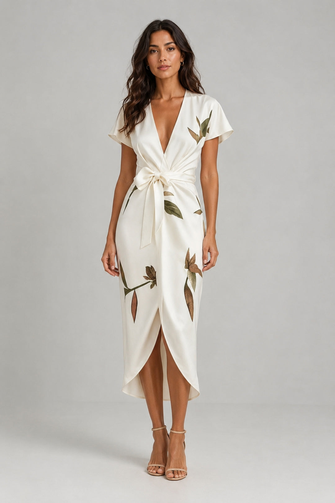 Elegantes Wickelkleid für Damen | Elfenbeinfarbenes Midi-Kleid mit tiefem V-Ausschnitt, gebundenem Gürtel und Blumenmuster
