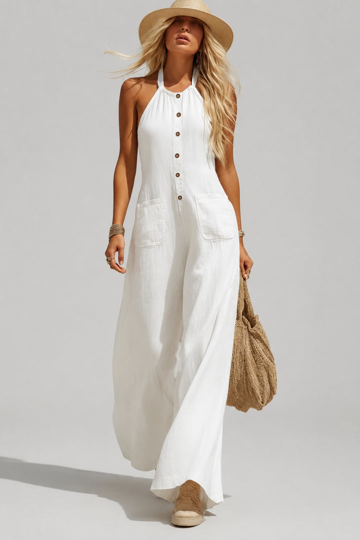 Damen-Jumpsuit in weiter Passform | Neckholder-Ausschnitt, ausgestellte Hosenbeine, Boho-Stil im Leinen-Look