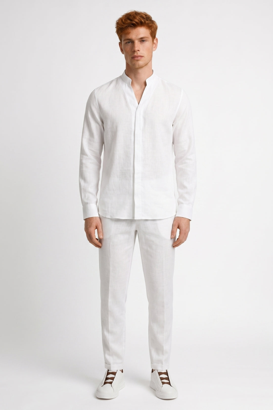 Herren-Sommer-Set | Stehkragen-Hemd &amp; Hose | Sandbeige