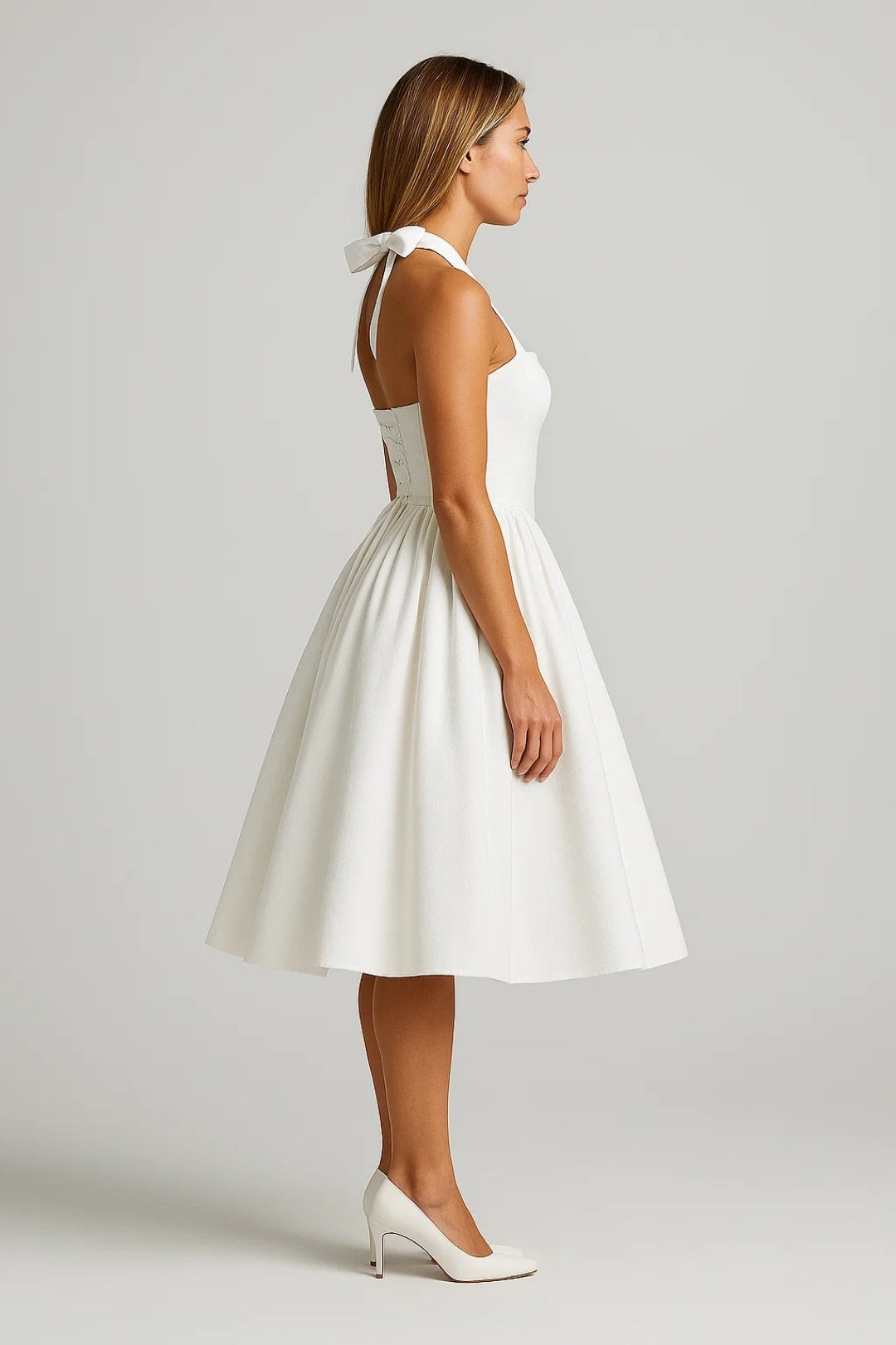 Sommer Abendkleid Damen Kurz | Weiß | Betonte Taille | Festlich Elegant