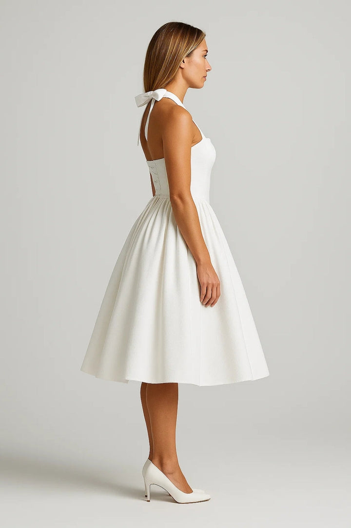 Sommer Abendkleid Damen Kurz | Weiß | Betonte Taille | Festlich Elegant