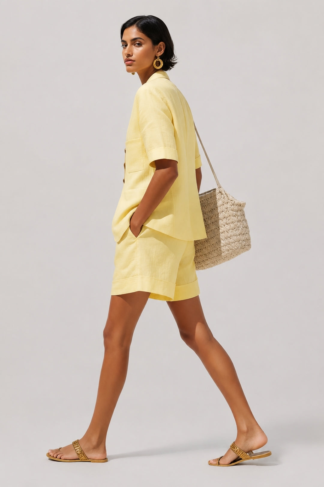 Leinen Set Damen Sommer – Blazer Jacke mit Knopfleiste &amp; High-Waist Shorts