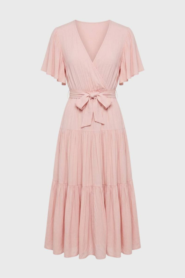 Damen-Midikleid | Wickelausschnitt &amp; Gürtel | Korallenrot