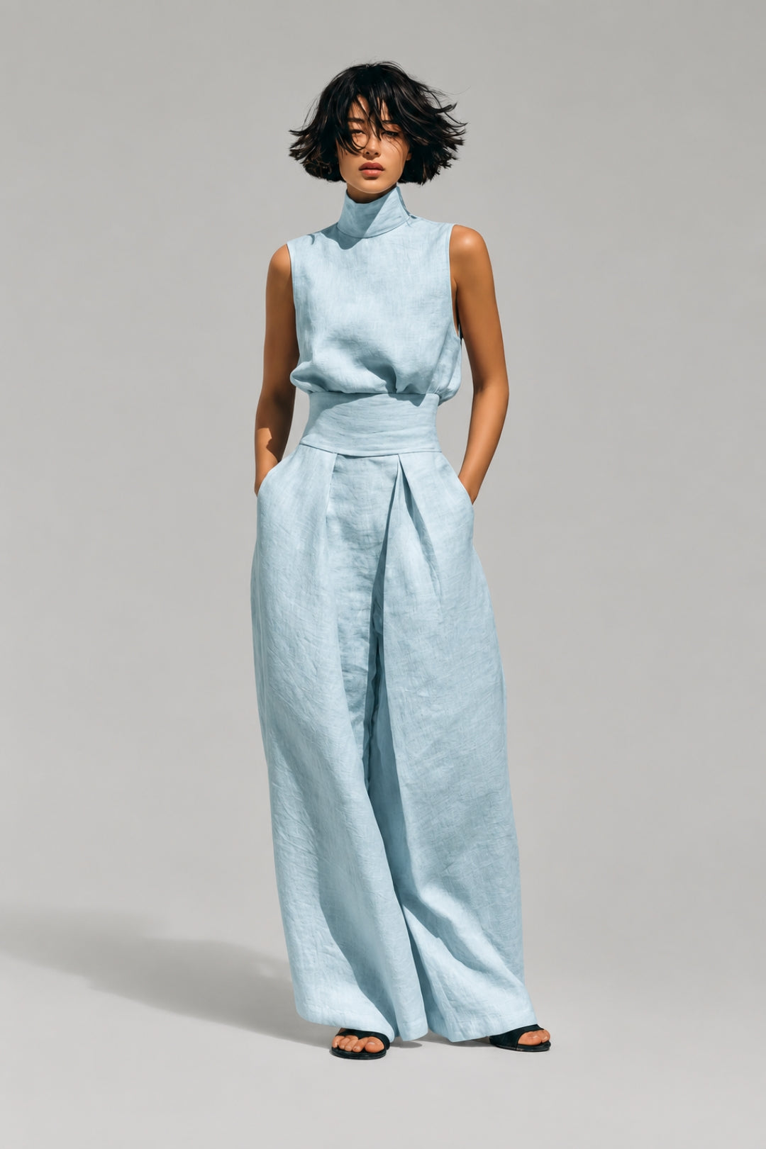 Damen-Set mit fließendem Schnitt | Ärmelloses Top mit Rollkragen und weite Palazzo-Hose