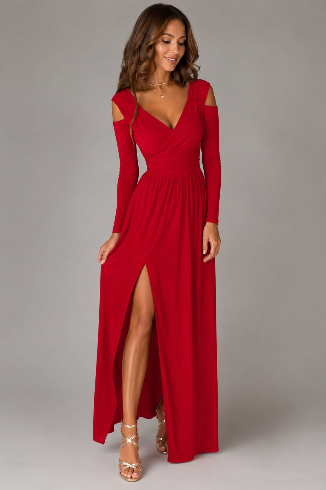 Elegantes Sommerkleid für Damen | Fließender Schnitt, gekreuzter V-Ausschnitt, lange Ärmel und Maxilänge mit Schlitz