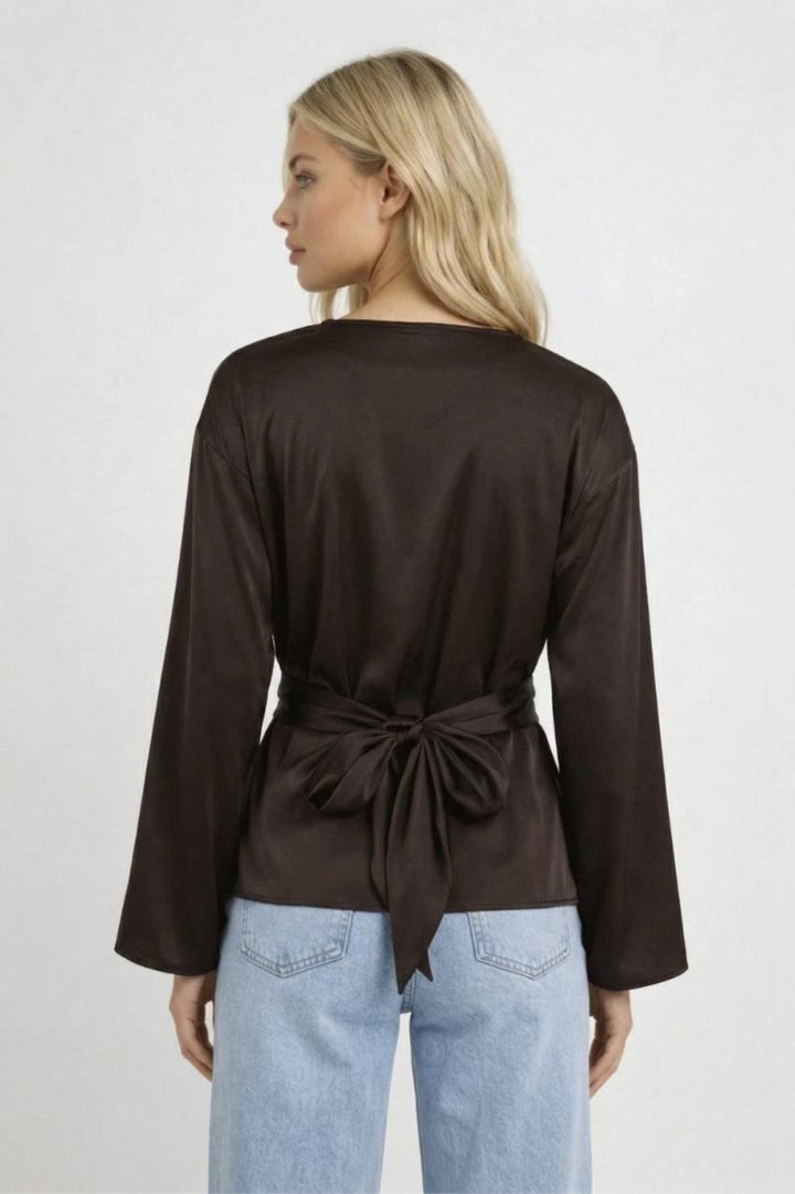 Damenbluse Schokoladenbraun | Figurbetonte Taille | Drapierter Look | Elegant