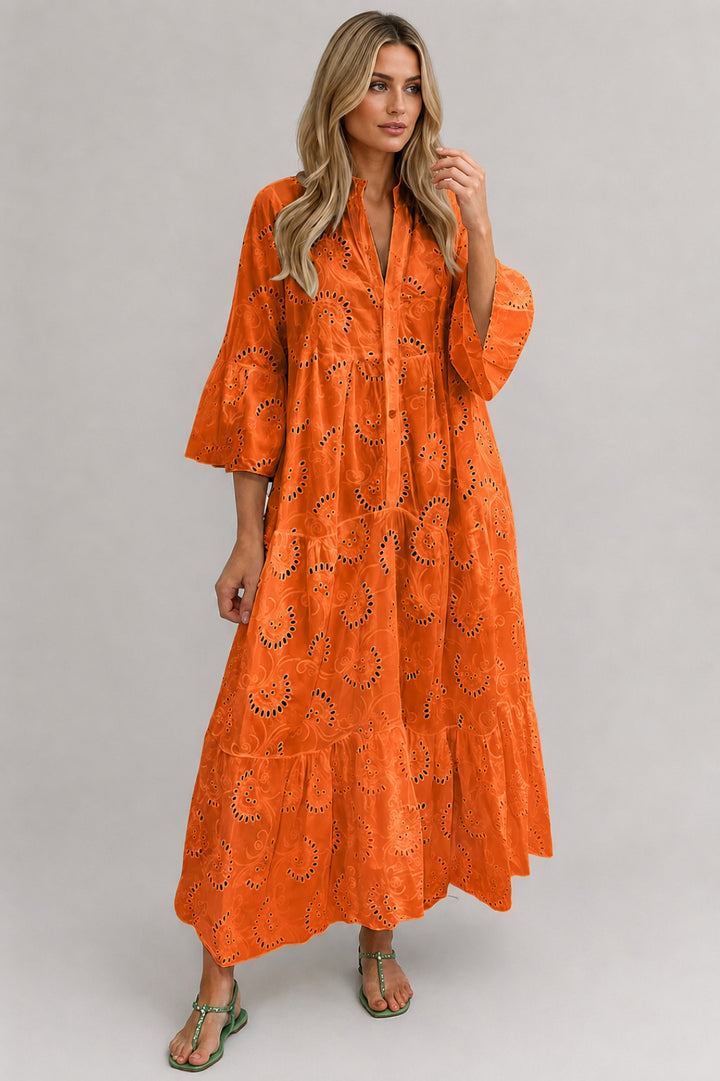 Boho-Sommerkleid für Damen | Lockere Passform, durchbrochene Stickereien, Maxilänge und geknöpfter V-Ausschnitt
