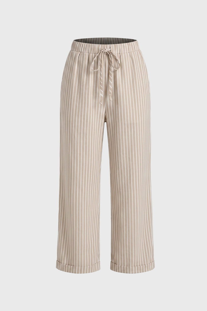 Damenhose | Gestreift &amp; hoher Bund | Beige-Weiß