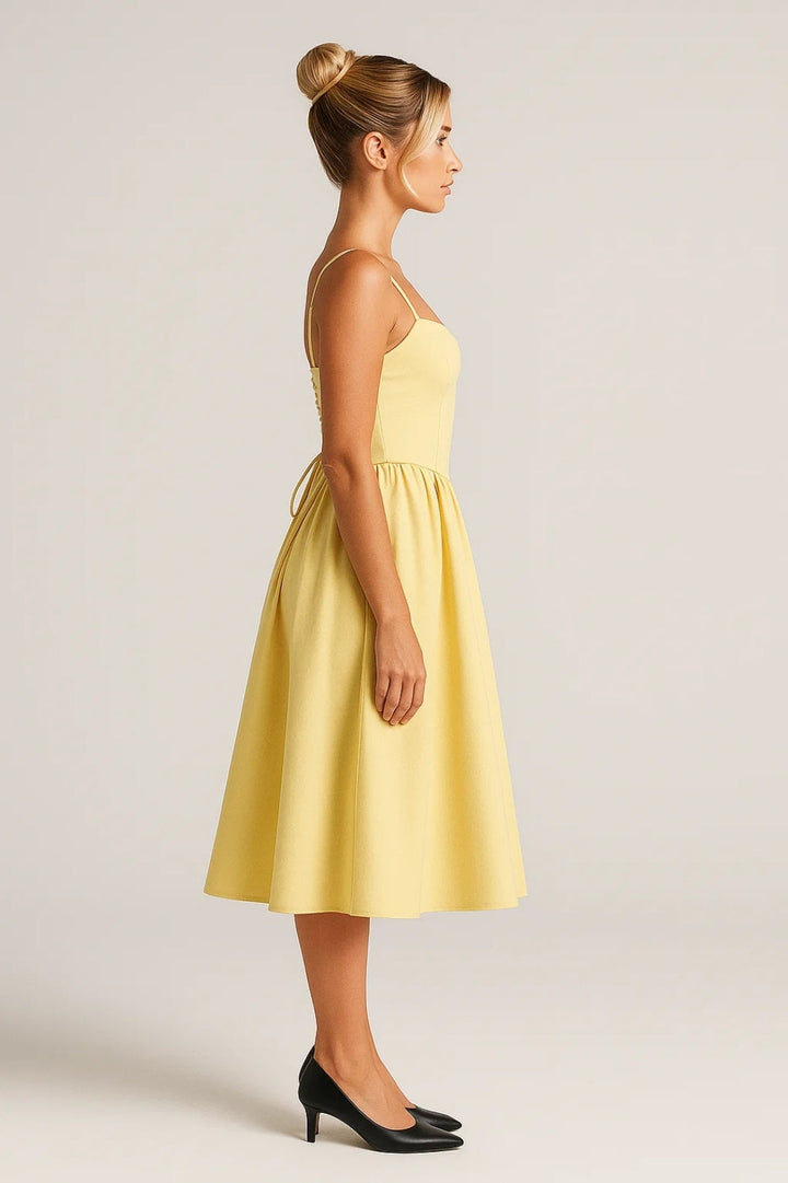 Sommer Midi-Kleid Damen | Pastellgelb | Betonte Taille | Elegant &amp; Feminin