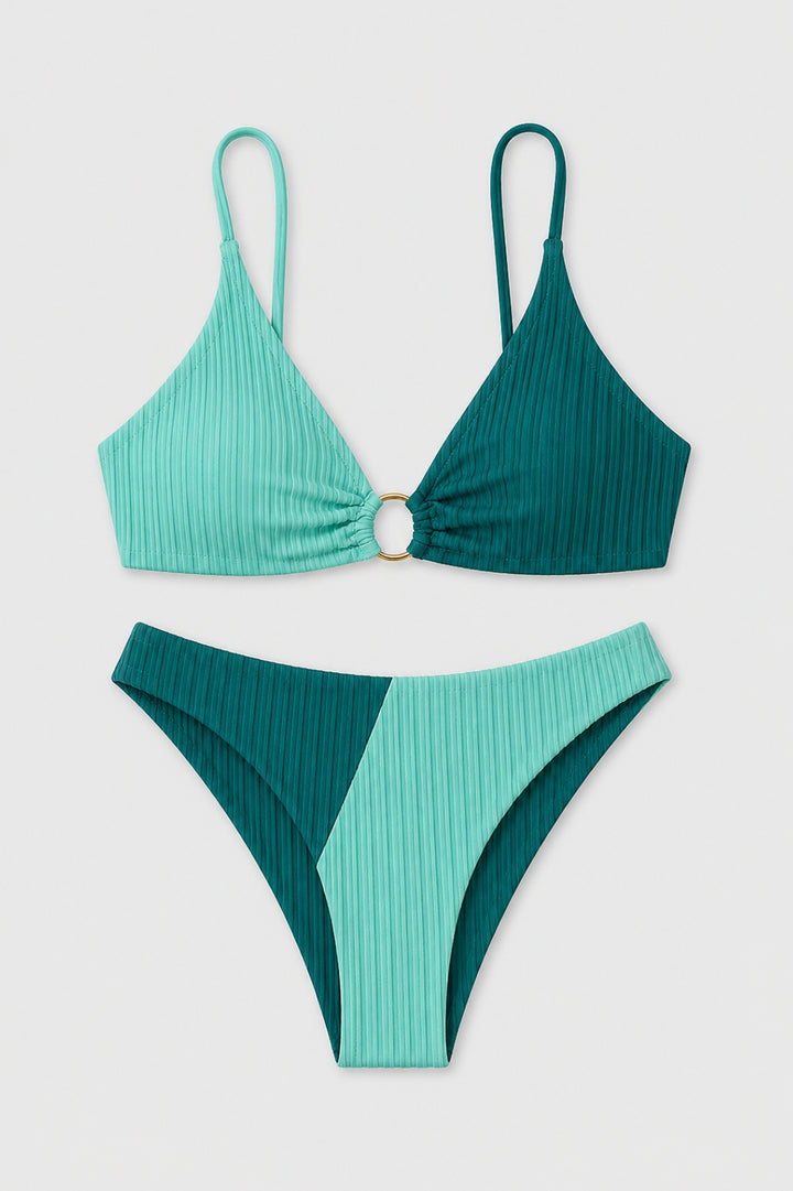 Trendiger, figurbetonter Damen-Bikini | Color-Block-Badeanzug in Beige und Braun mit Ring vorne