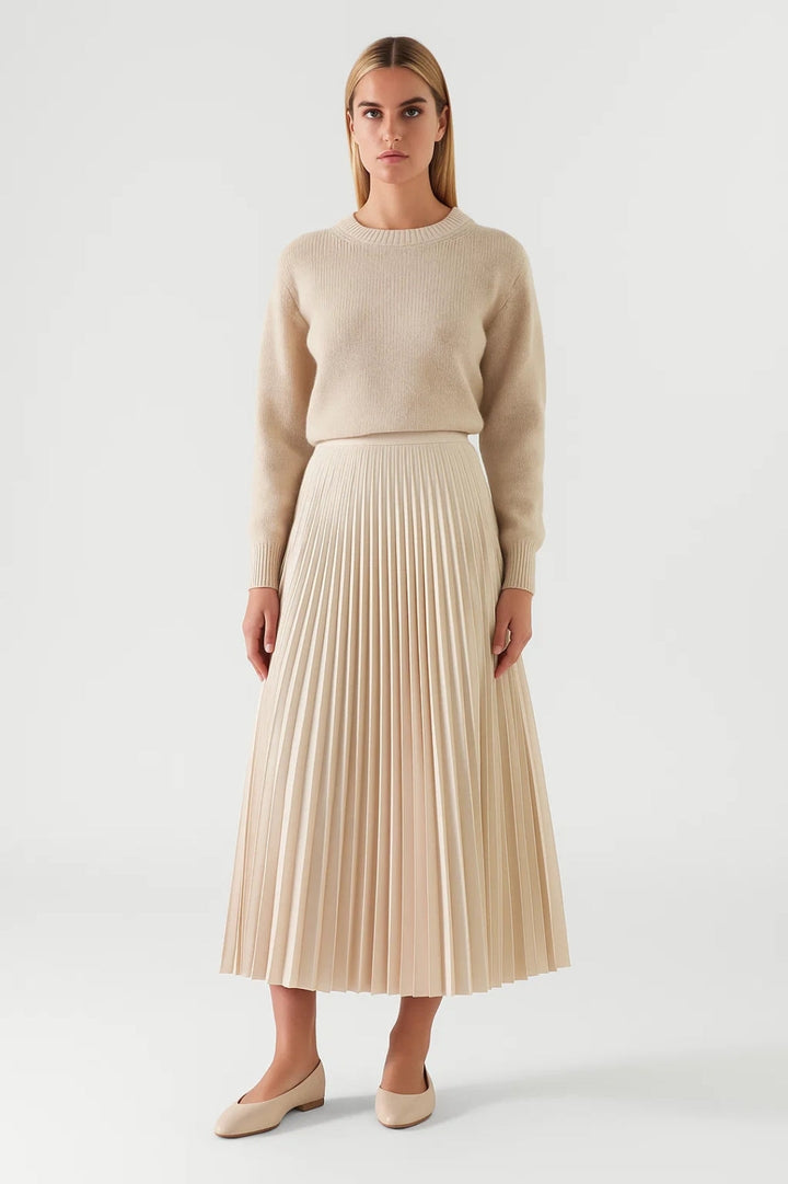 Damen Plisseerock Lang Ecru | Hohe Taille | Elegant &amp; Vielseitig | Übergangszeit