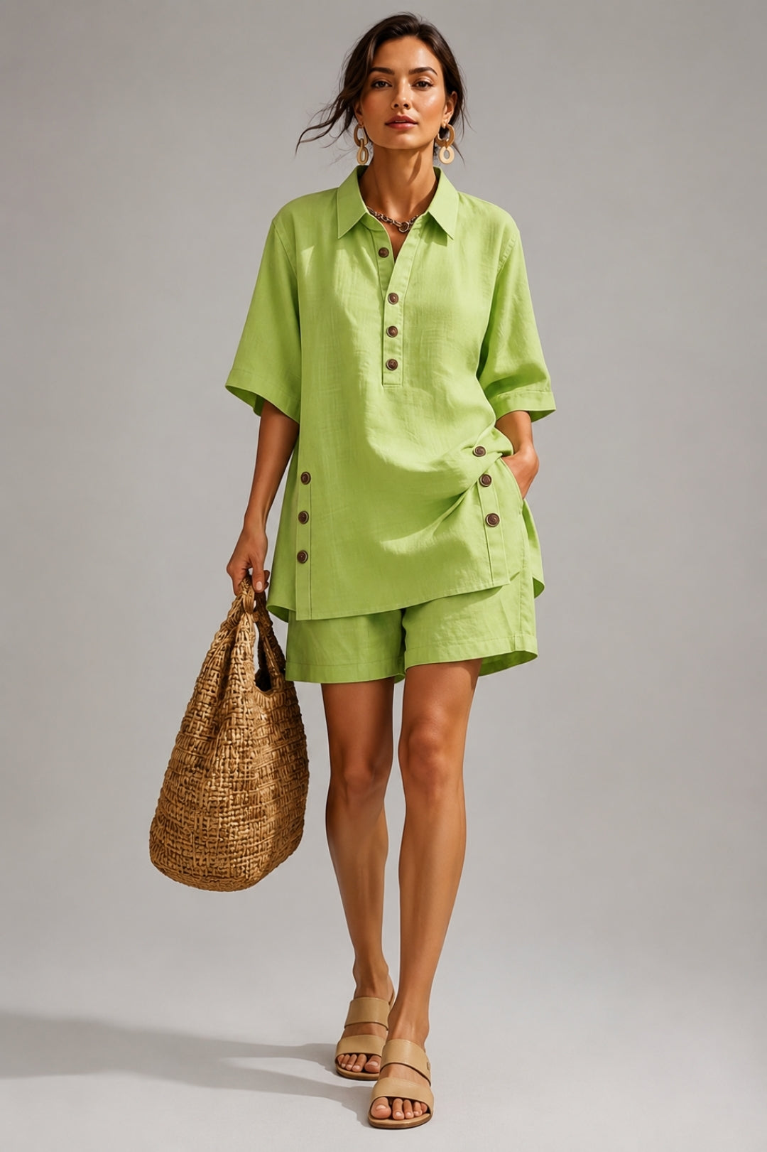 Leinen Set Damen Sommer – Oversize Hemd zum Knöpfen &amp; Shorts, Casual
