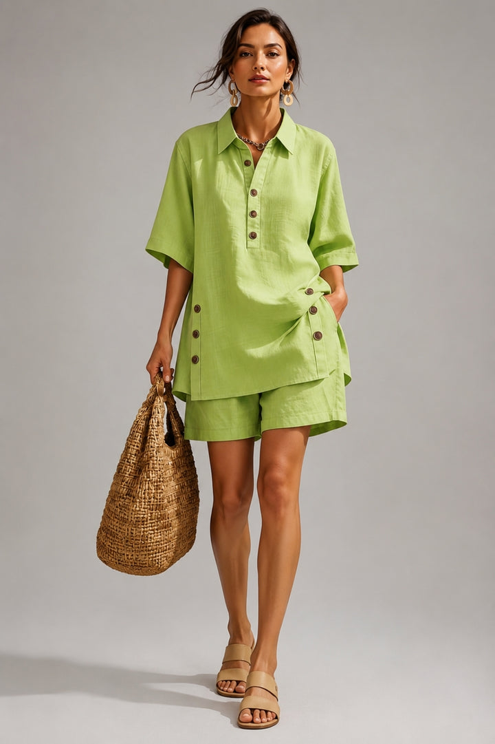 Leinen Set Damen Sommer – Oversize Hemd zum Knöpfen &amp; Shorts, Casual