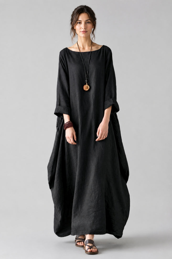 Boho-Maxikleid für Damen aus Leinen mit Fledermausärmeln und Oversize-Schnitt