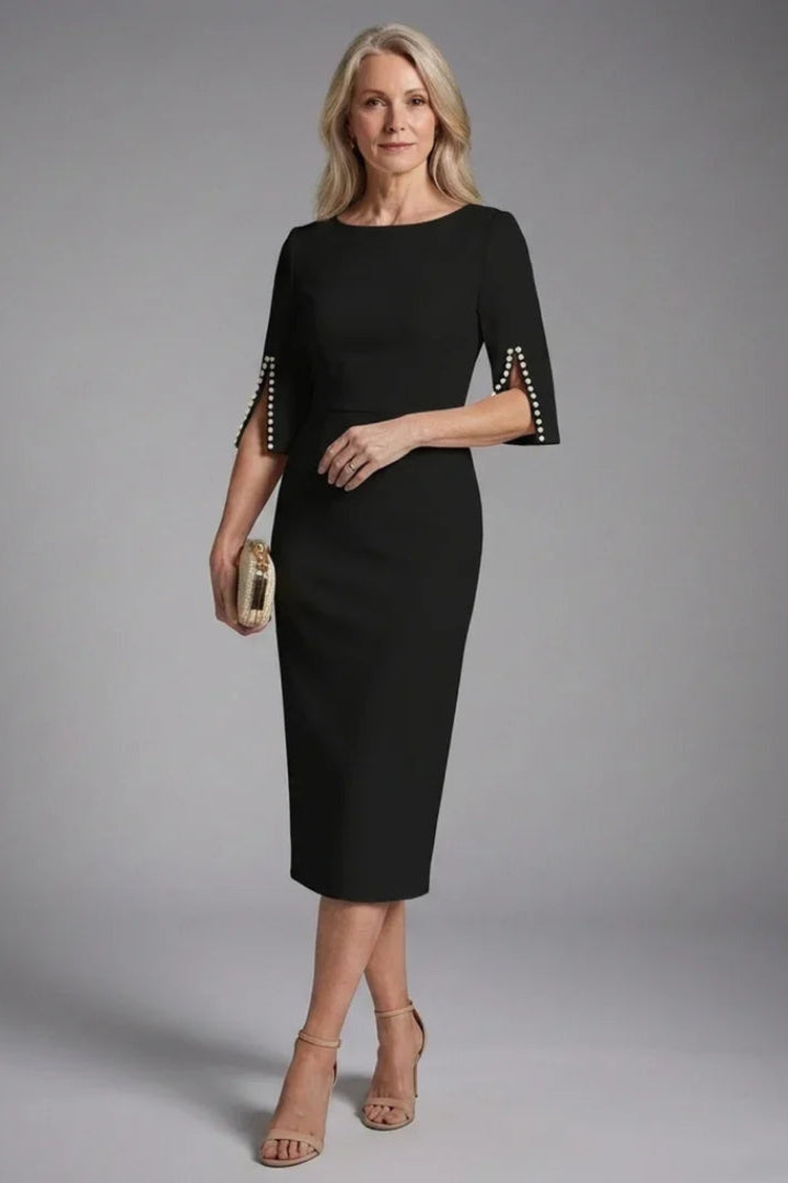 Figurbetontes Hochzeitsgastkleid für Damen | Schwarz, Midi-Länge, ausgestellte Ärmel und Perlenverzierung