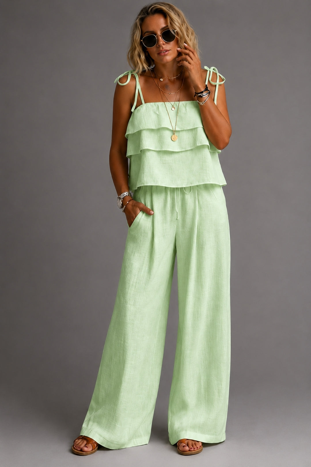 Leinen Set Damen Boho – Trägertop mit Rüschen &amp; weite Hose