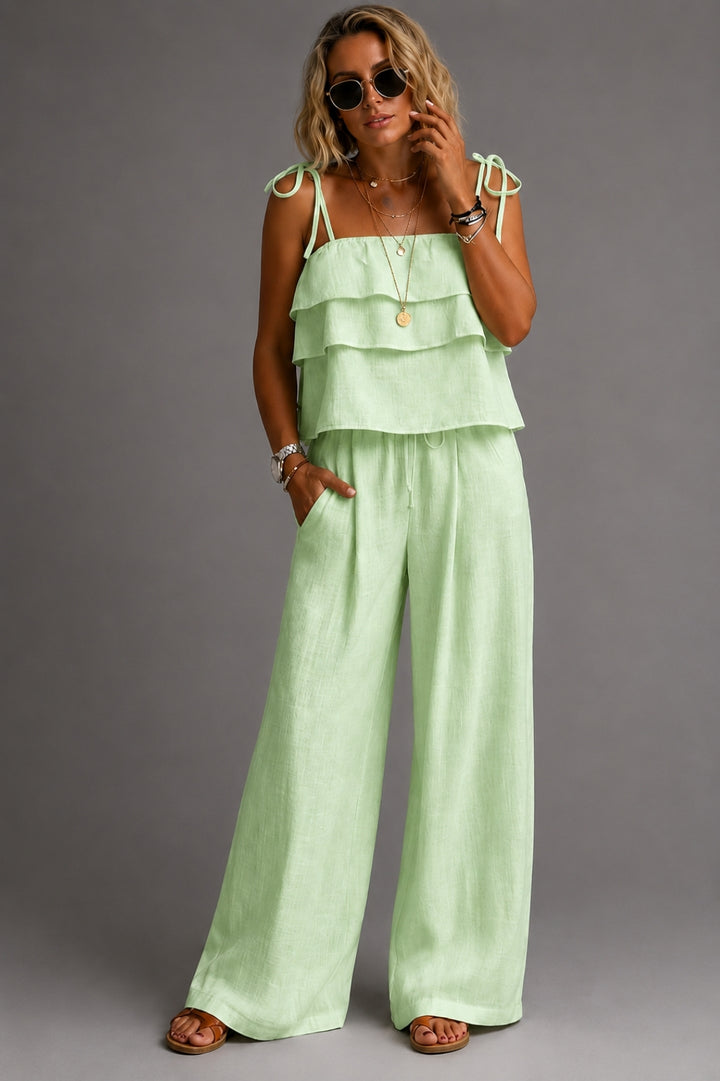 Leinen Set Damen Boho – Trägertop mit Rüschen &amp; weite Hose