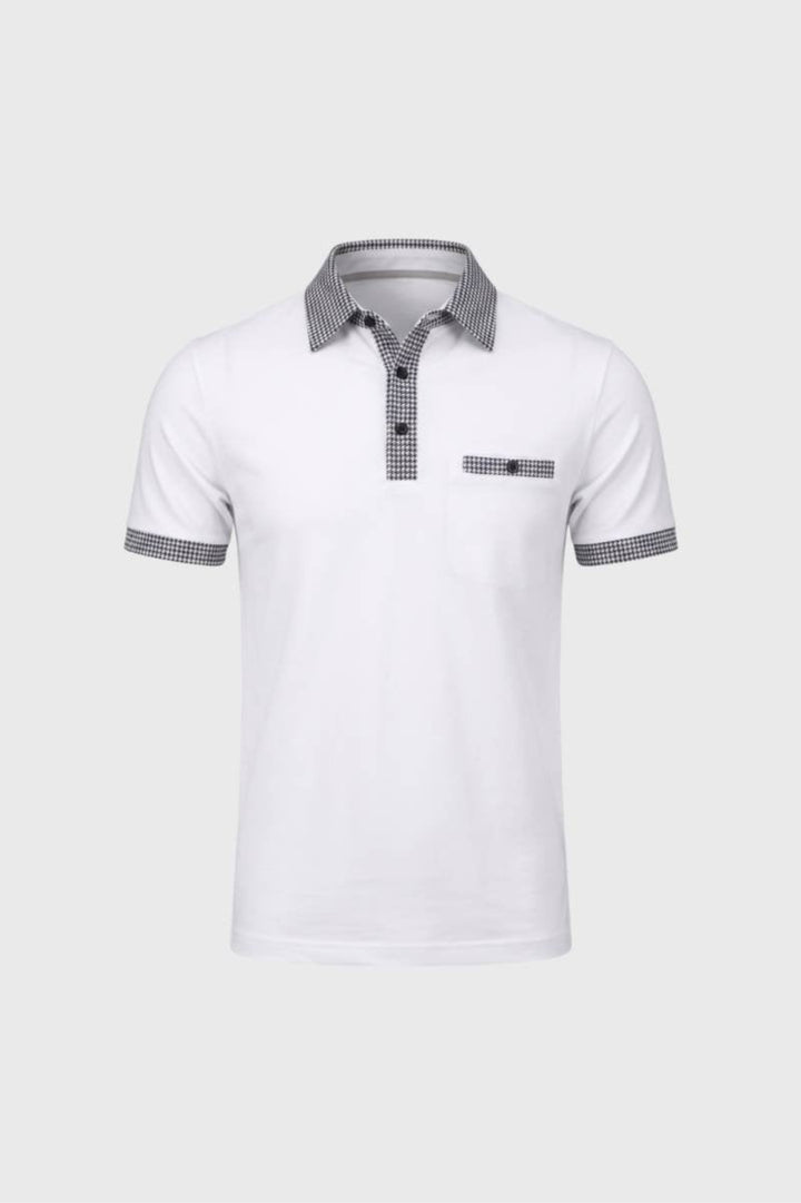 Herren-Polo | Hahnentritt-Details &amp; Kontrastkragen | Weiß