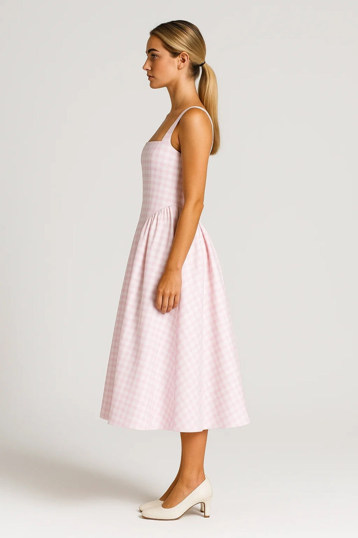 Damen-Midikleid | Karomuster &amp; betonte Taille | Hellrosa