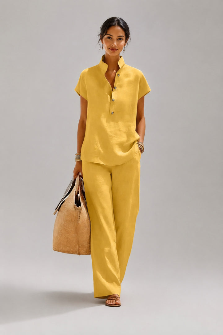 Damen-Set in fließendem Schnitt | Oberteil mit Mao-Kragen, passende Hose, schicker Leinen-Look