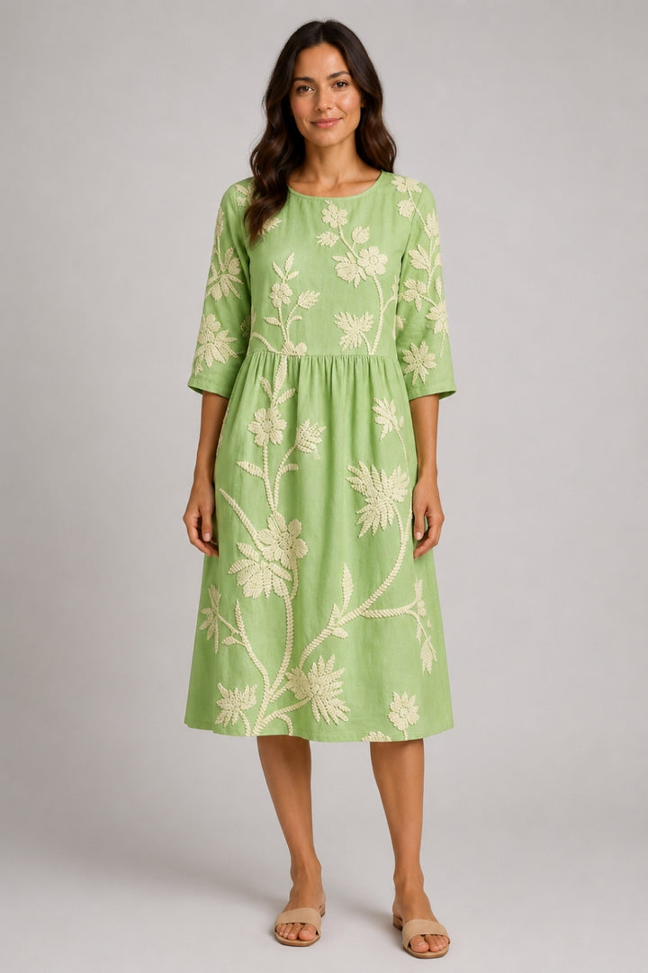 Boho-Midi-Kleid für Damen aus Leinen mit Blumenstickereien und eleganter geraffter Taille