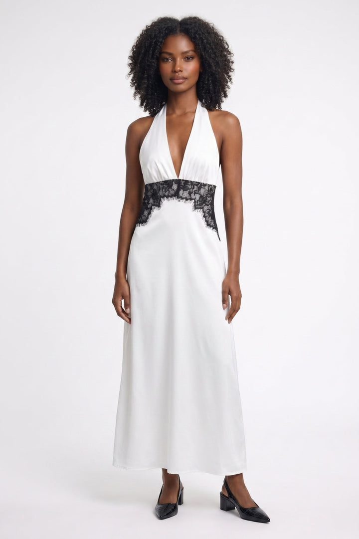 Figurbetontes Midi-Kleid für Damen | Ärmelloses Neckholder-Kleid mit schickem Kontrasteinsatz