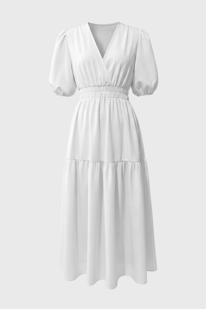 Romantisches Damenkleid | Midi-Länge, V-Ausschnitt und Puffärmel mit gesmokter Taille