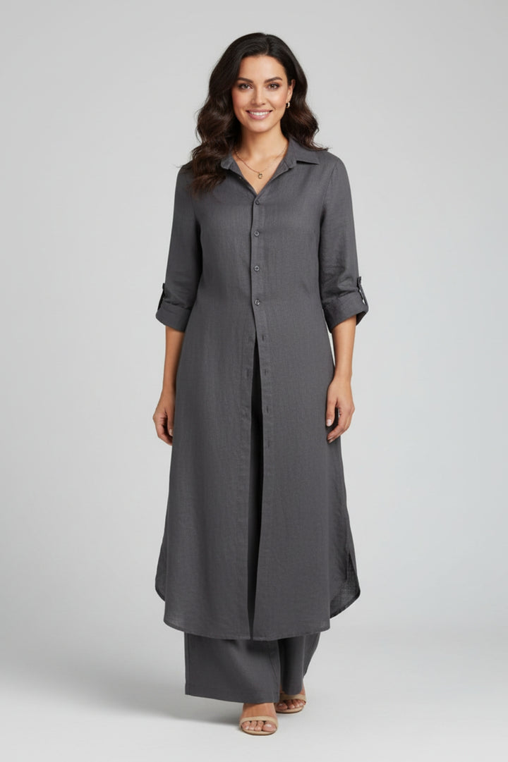 Damen-Set im fließenden Schnitt | Langes Hemdkleid, passende Hose, schicker Leinen-Look