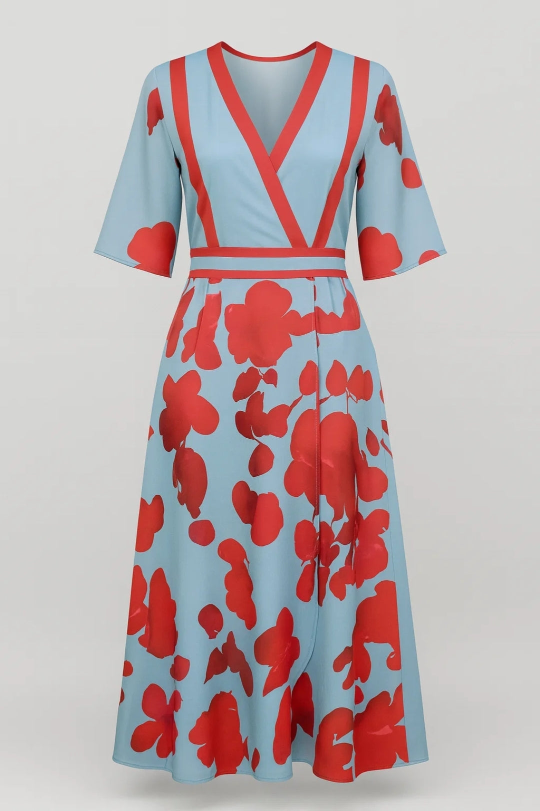 Damen-Midi-Kleid | Fließender Schnitt | Blumenprint | Wickel-V-Ausschnitt | Schicker, eleganter Stil