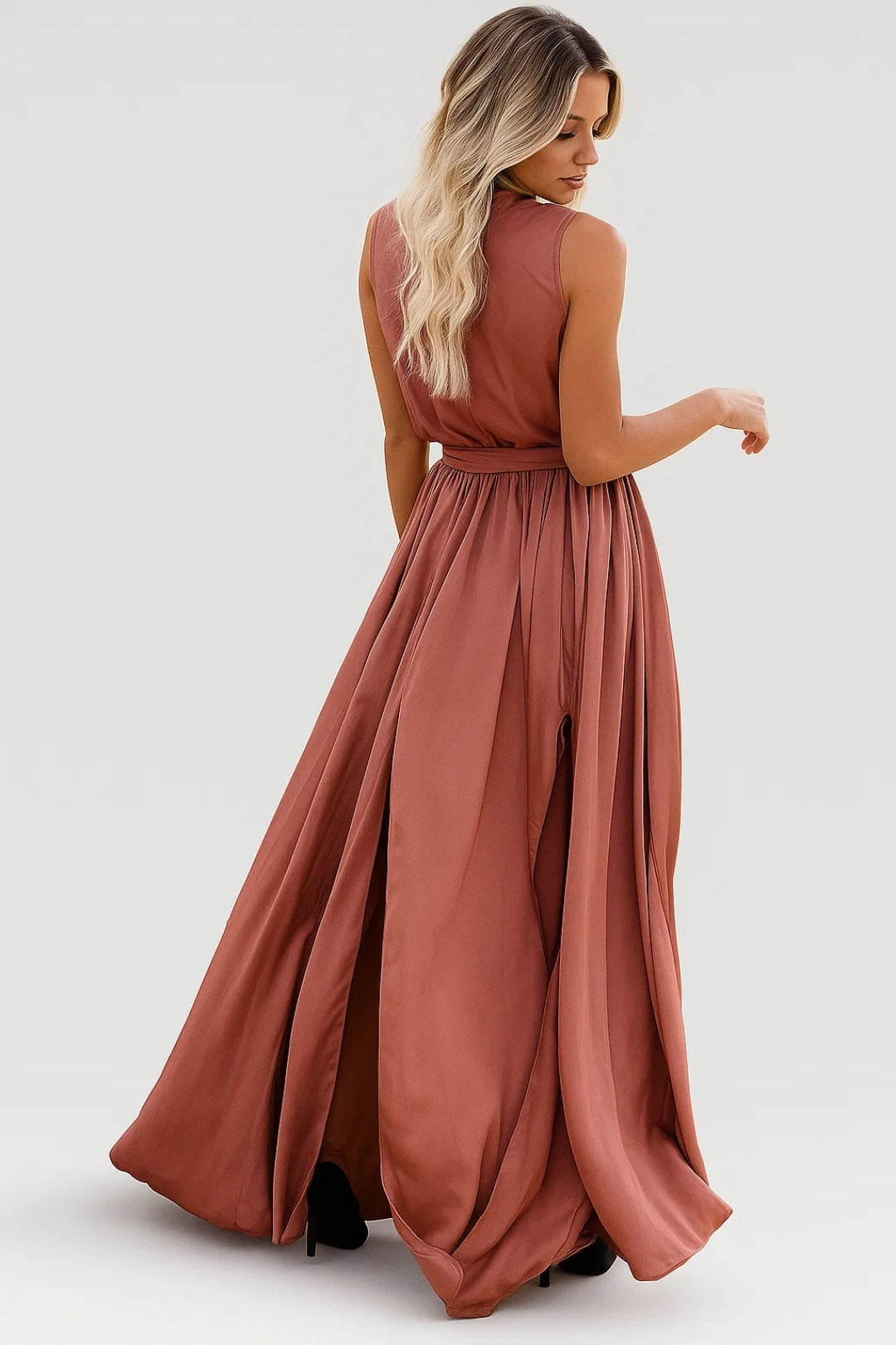 Damen-Maxikleid | Wickelstil &amp; V-Ausschnitt | Terrakotta