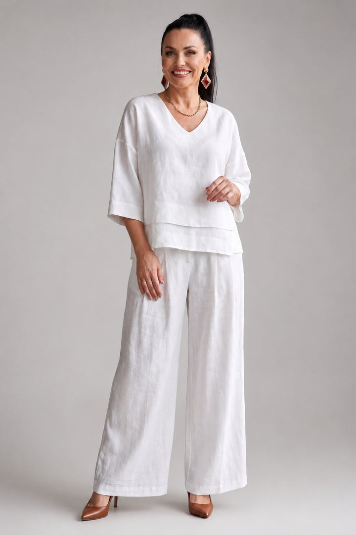 Elegantes 2-teiliges Leinen-Set für Damen: Top mit Lagenlook und V-Ausschnitt sowie weite, elegante Hose