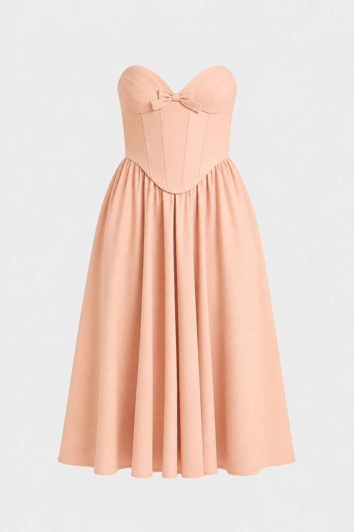 Midi-Kleid für Damen mit ausgestelltem Schnitt | Bustier mit Schleife, trägerlos, schicker Stil für festliche Anlässe