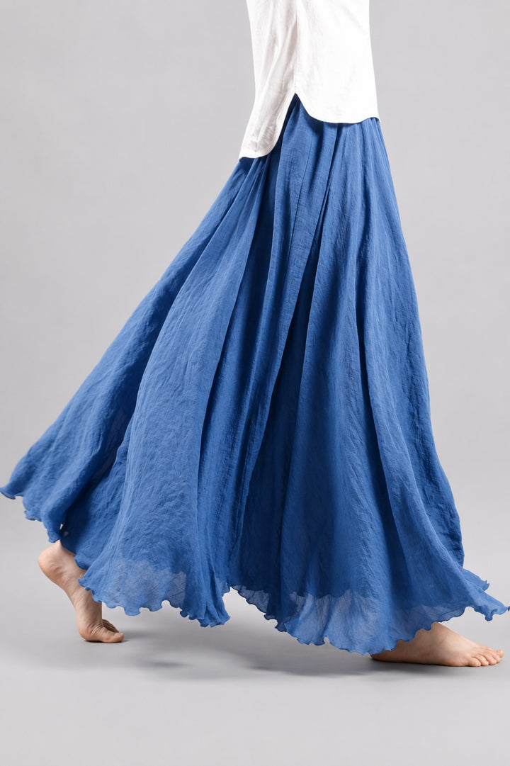 Langer Leinenrock für Damen im Boho-Stil mit Volants und fließendem Schnitt sowie elastischem Bund