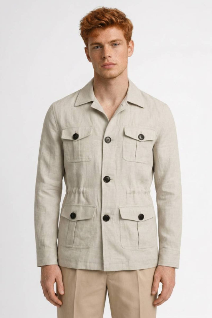 Herrenjacke in geradem Schnitt | Militär-Safari-Stil | Mehrere Taschen | Klassischer Kragen