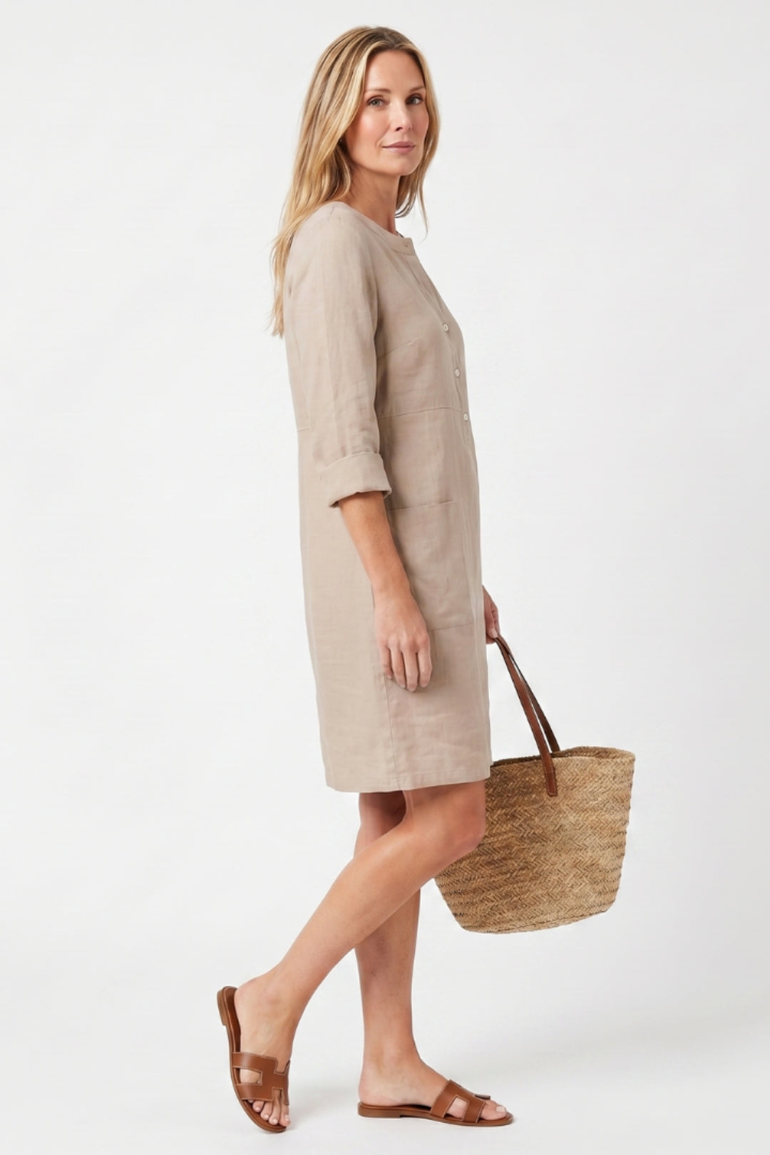 Midi-Kleid für Damen, gerader Schnitt | 3/4-Ärmel, Seitentaschen, Boho-Stil aus Leinen