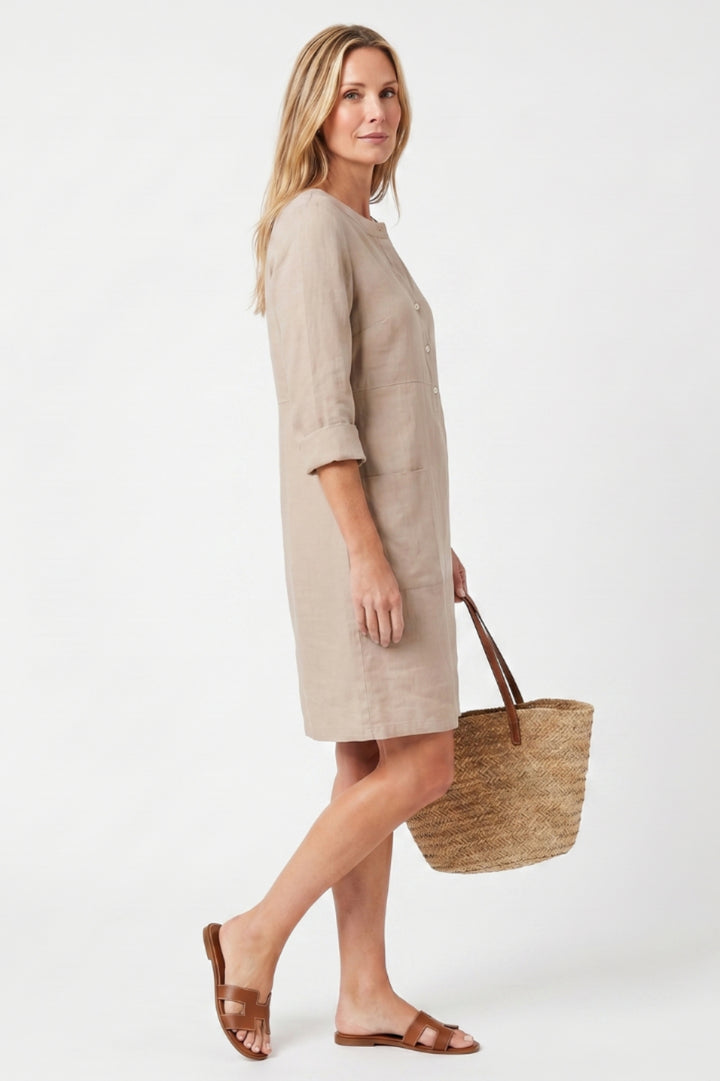 Midi-Kleid für Damen, gerader Schnitt | 3/4-Ärmel, Seitentaschen, Boho-Stil aus Leinen