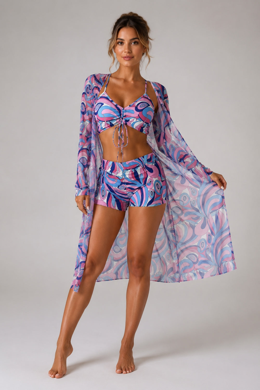 Damen-Badeanzug mit figurbetonter Passform | 3-teiliges Set im Boho-Stil mit gerafftem Oberteil