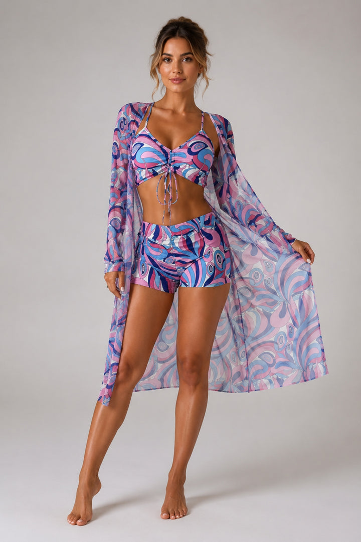 Damen-Badeanzug mit figurbetonter Passform | 3-teiliges Set im Boho-Stil mit gerafftem Oberteil