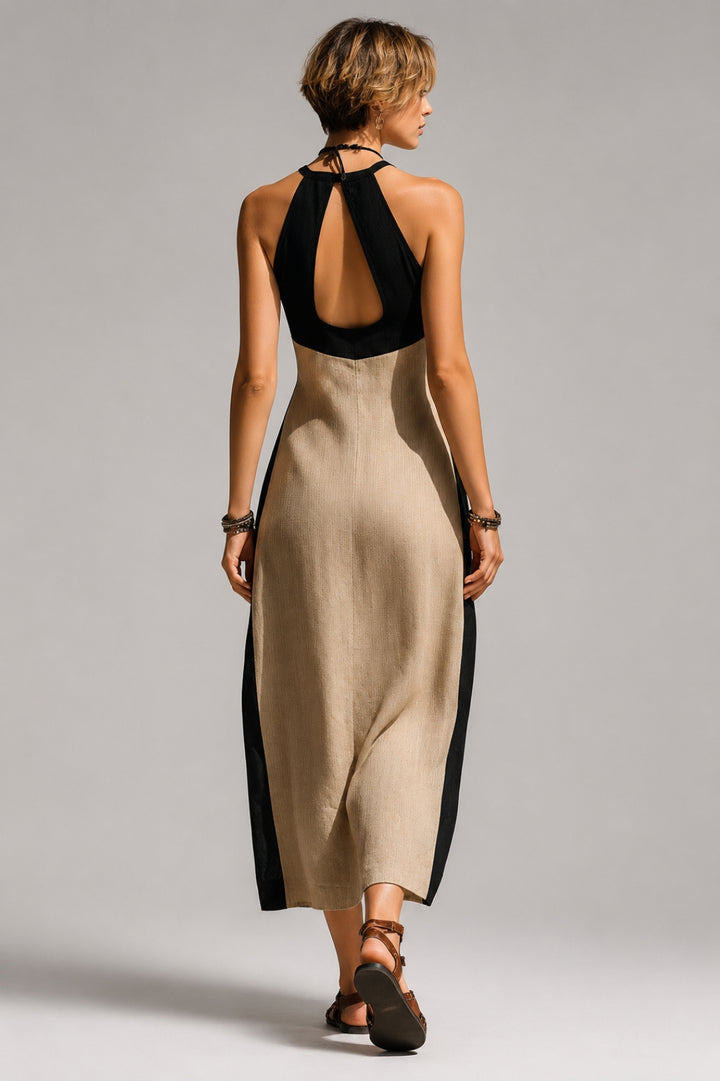 Figurbetontes Maxikleid für Damen | Neckholder-Ausschnitt, mittiger Ausschnitt, Kontraste im Leinen-Look
