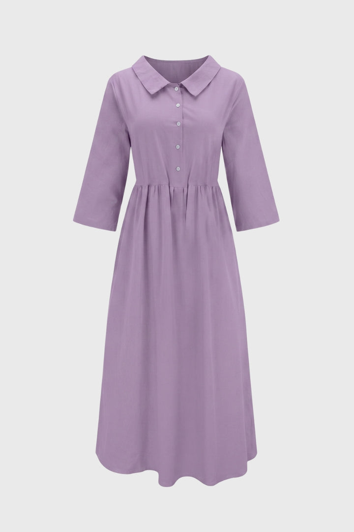 Damen-Midikleid | Hemdkragen &amp; geraffte Taille | Puderrosa