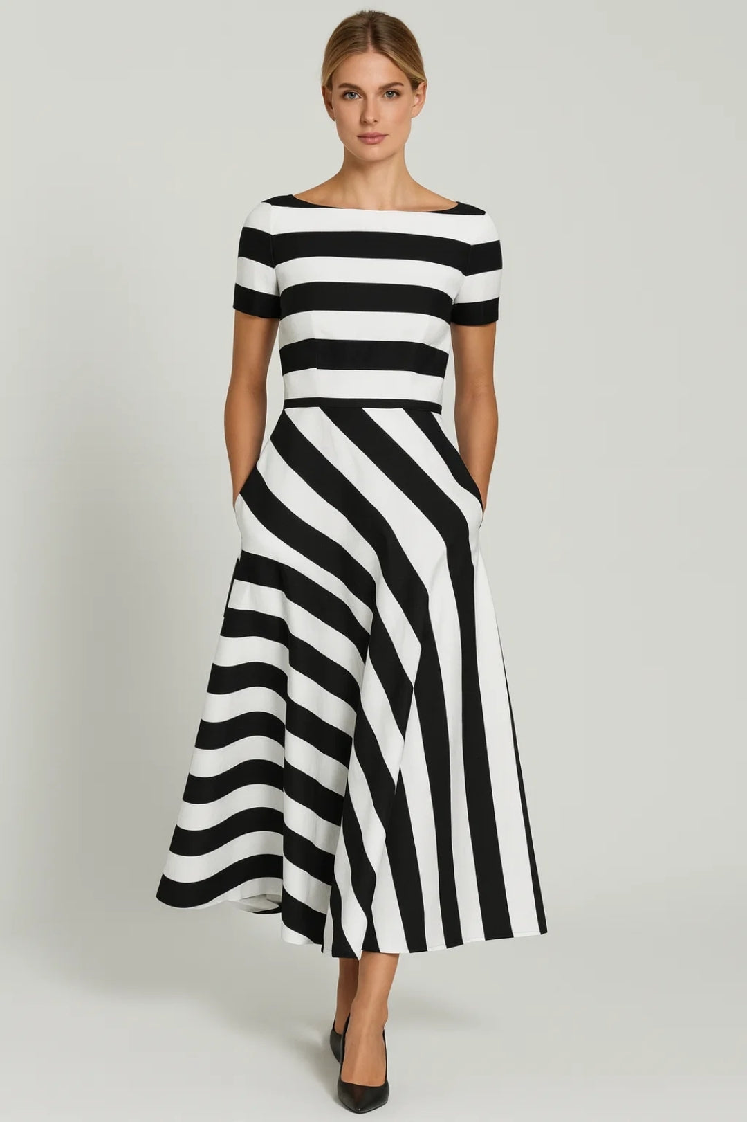 Midi-Kleid Damen | Streifen | Kurze Ärmel | Schick &amp; Feminin