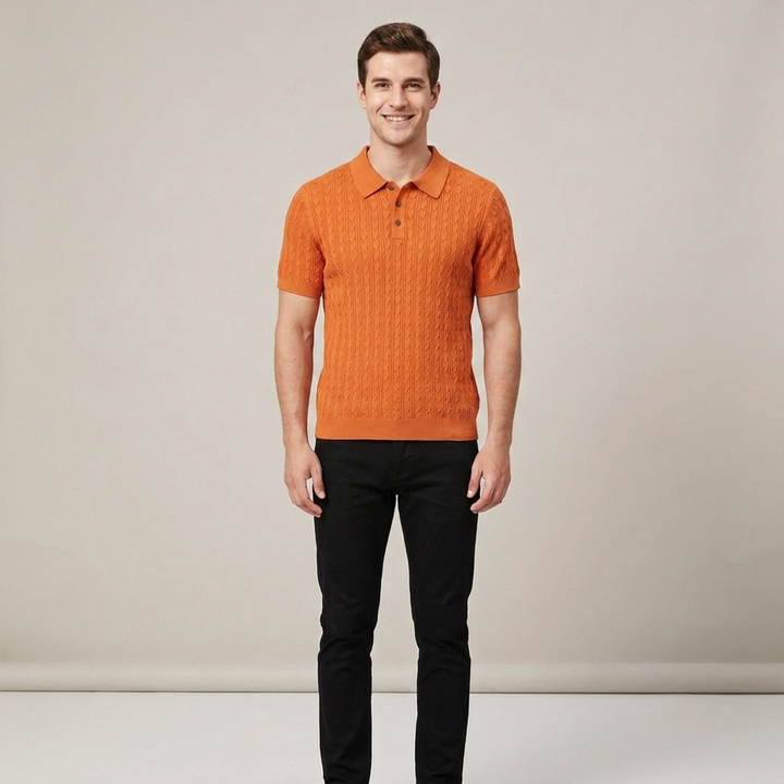 Franz | Herren Kurzarm Strickpoloshirt mit Zopfmuster