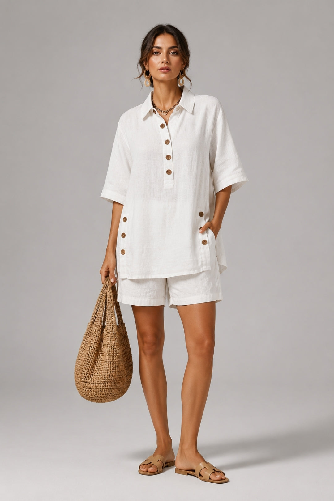 Leinen Set Damen Sommer – Oversize Hemd zum Knöpfen &amp; Shorts, Casual