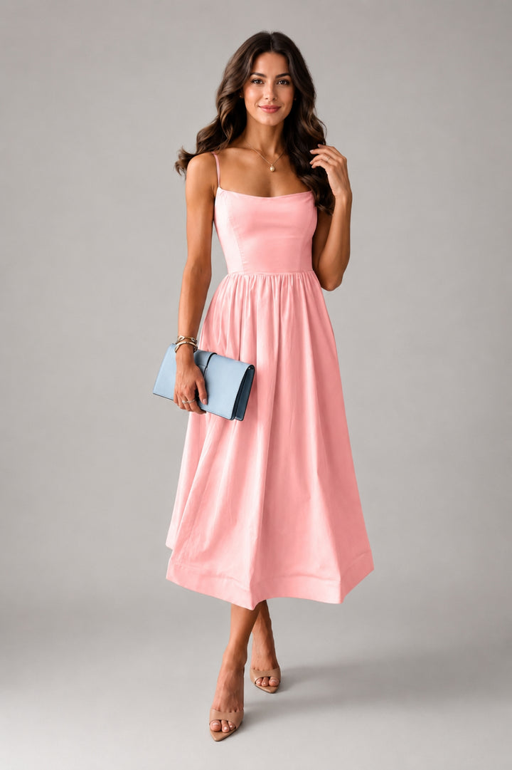 Schickes Damenkleid im ausgestellten Schnitt | Himmelblaues Midi-Kleid mit schmalen Trägern